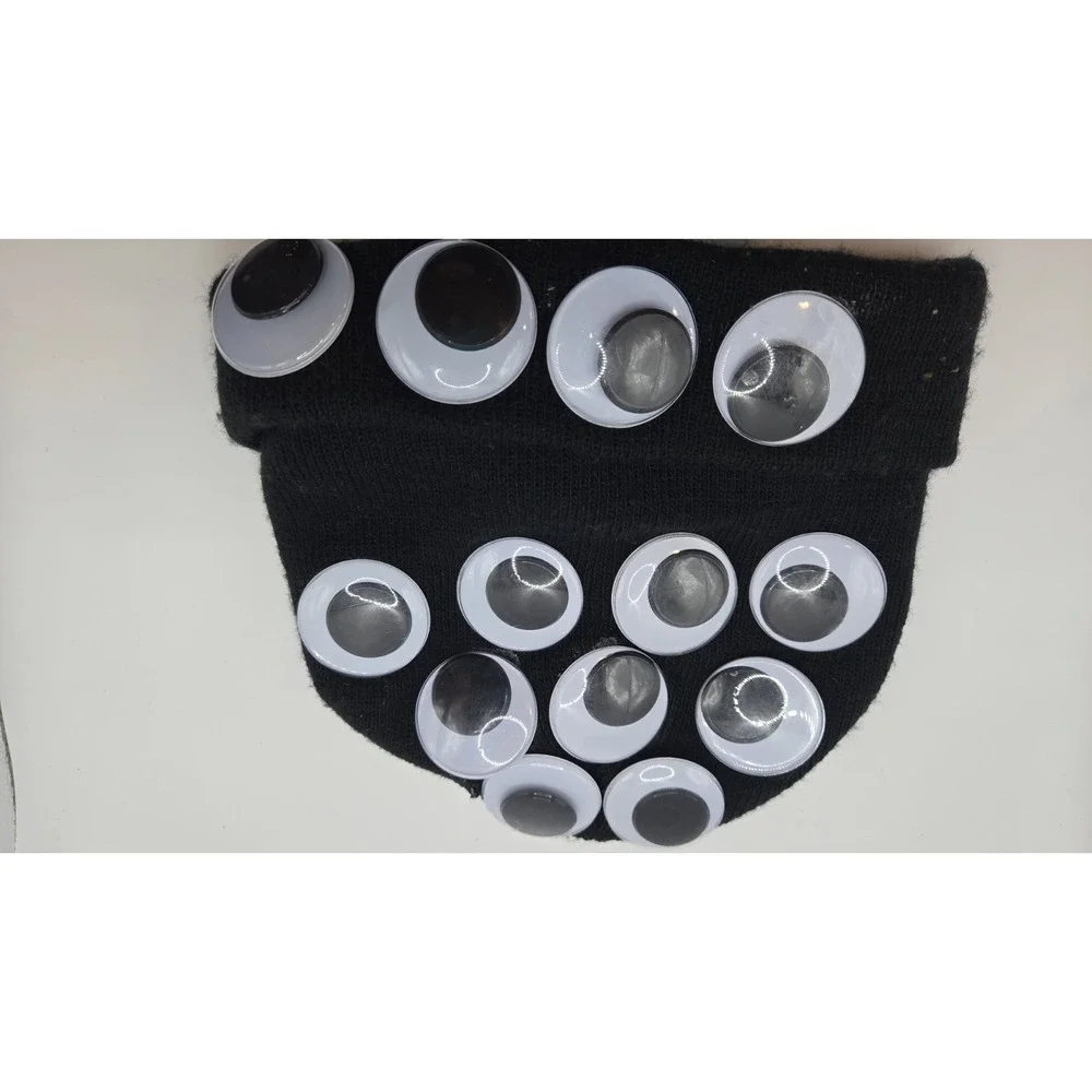 Hand Crafted Black Googly Eyes Beanie Hat Funny Novelty One Size Winter Knit Cap